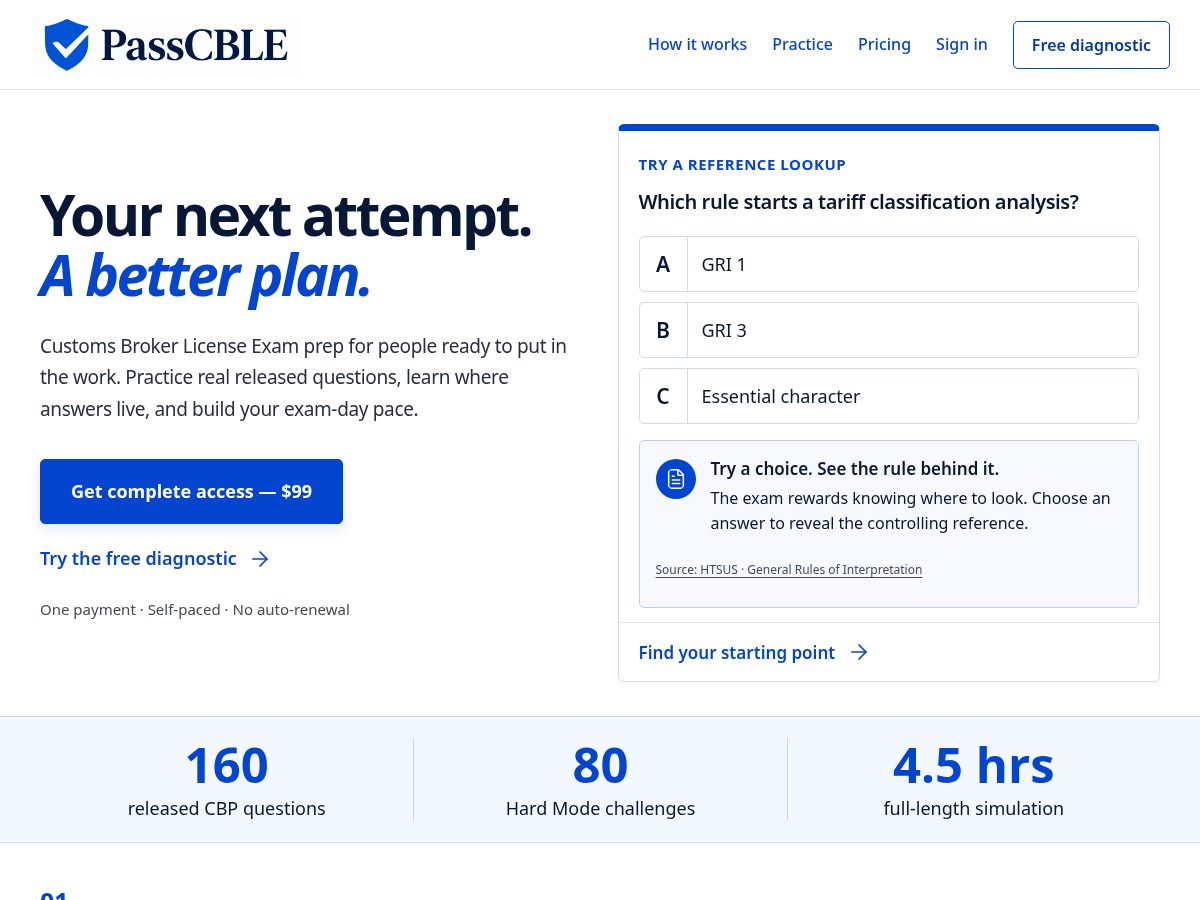 Landing-page snapshot of passcble.com