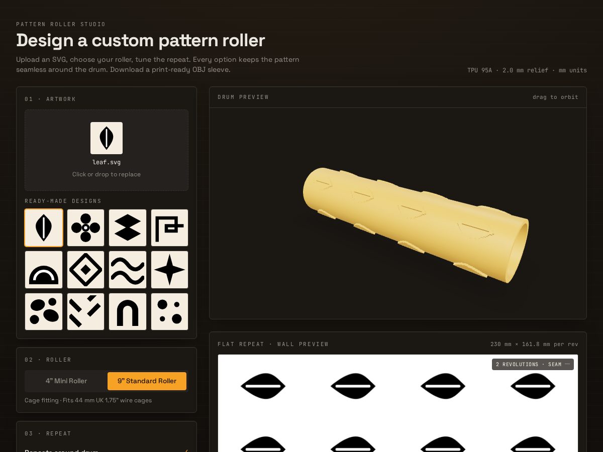Landing-page snapshot of patternroller.app