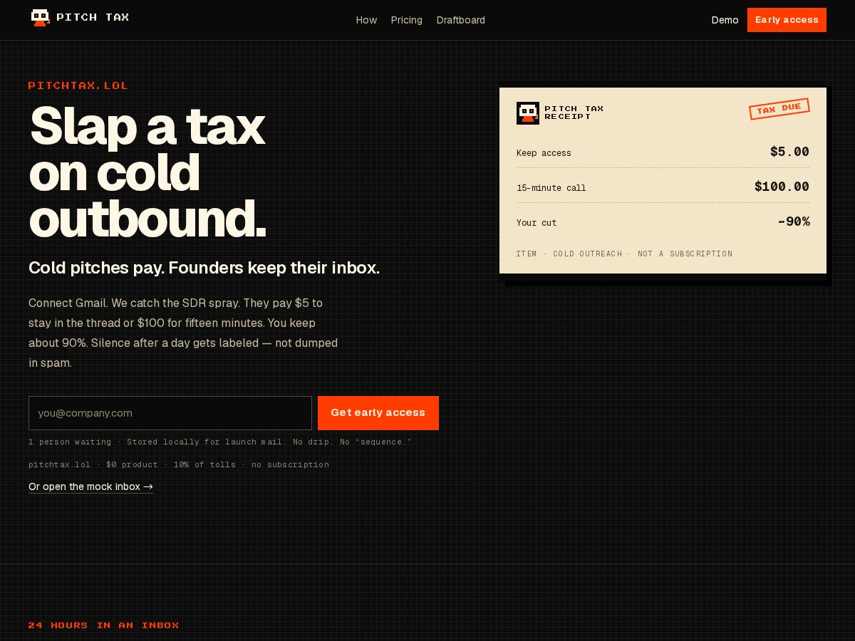 Landing-page snapshot of pitchtax.lol
