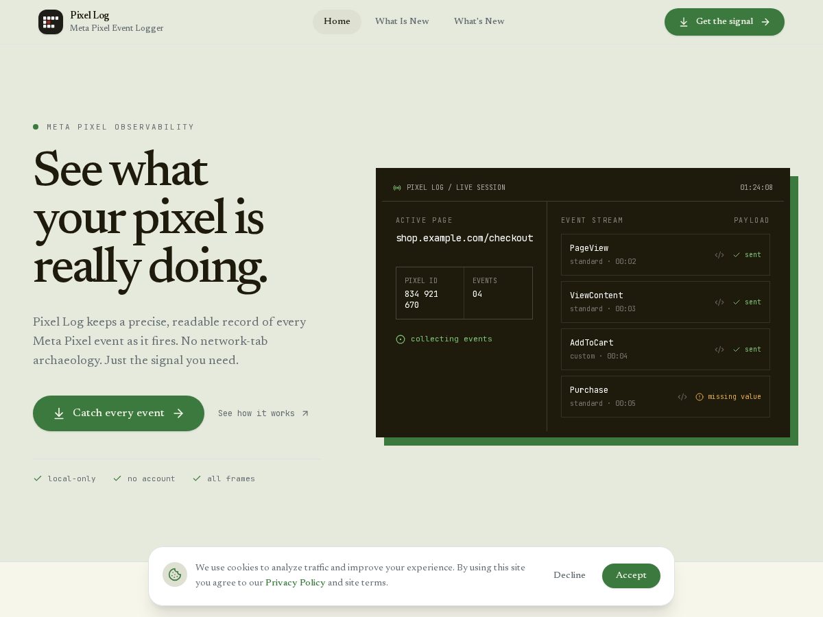 Landing-page snapshot of pixel-log.com