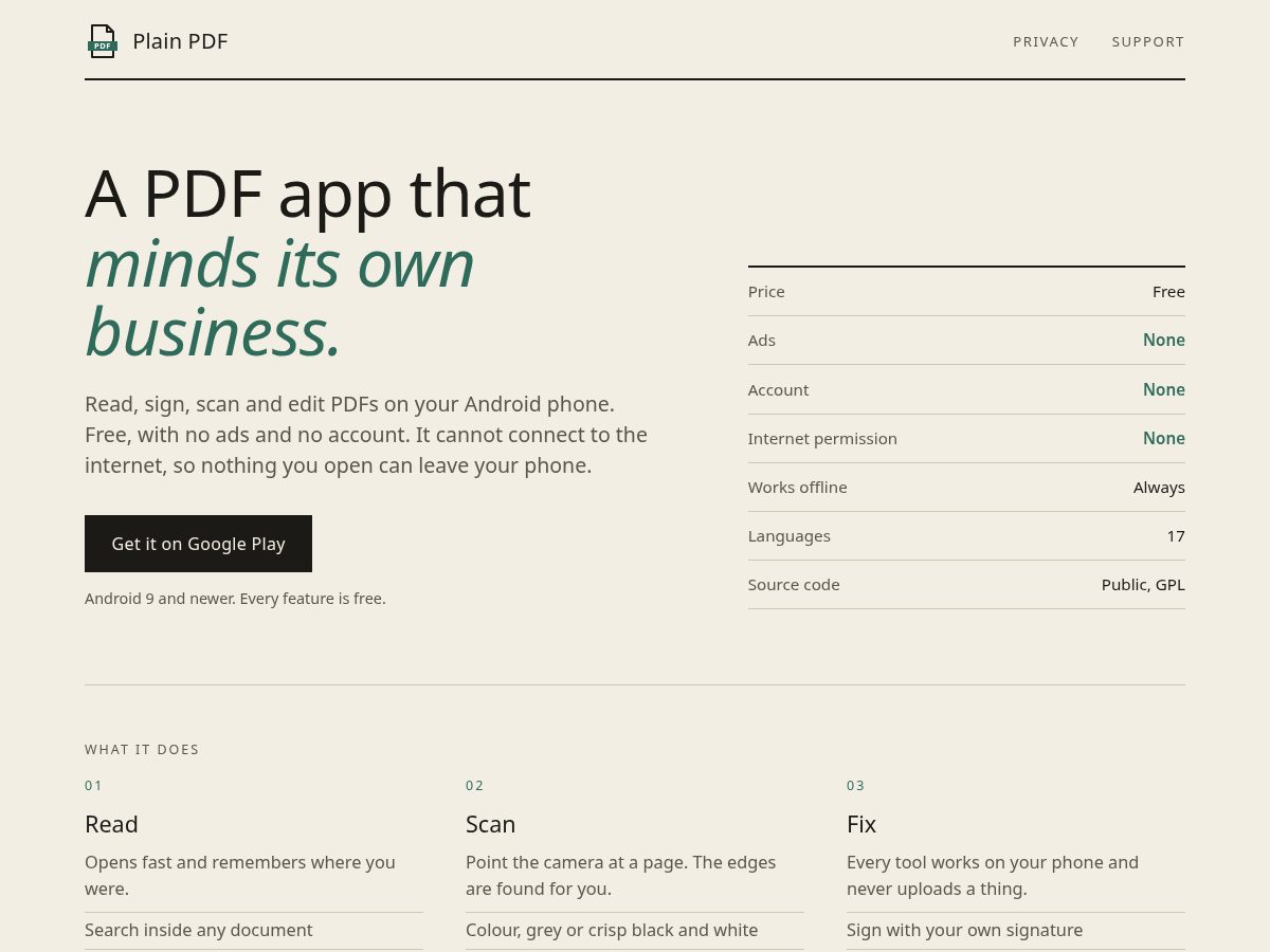 Landing-page snapshot of plainpdf.app
