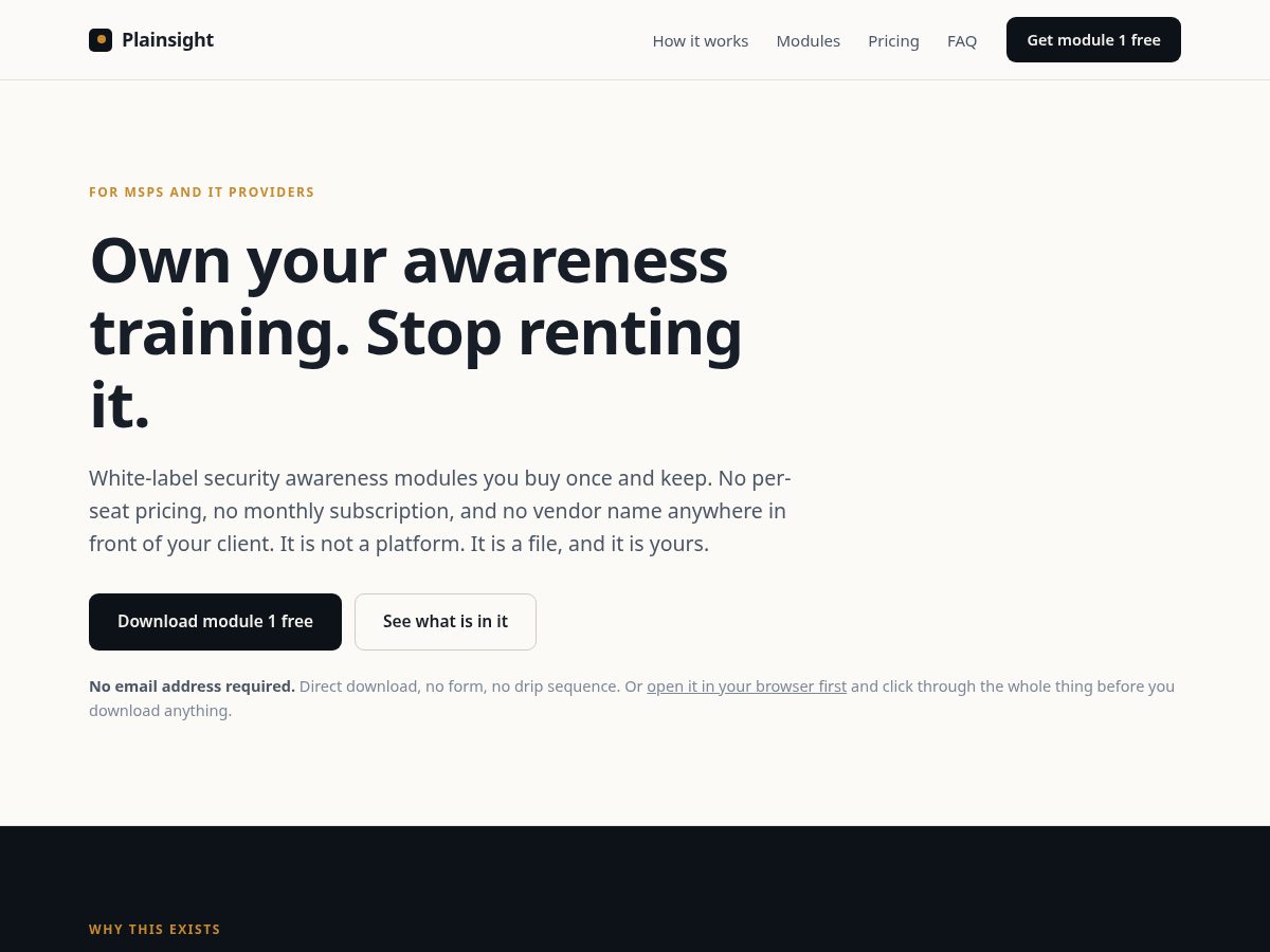 Landing-page snapshot of plainsighttraining.com