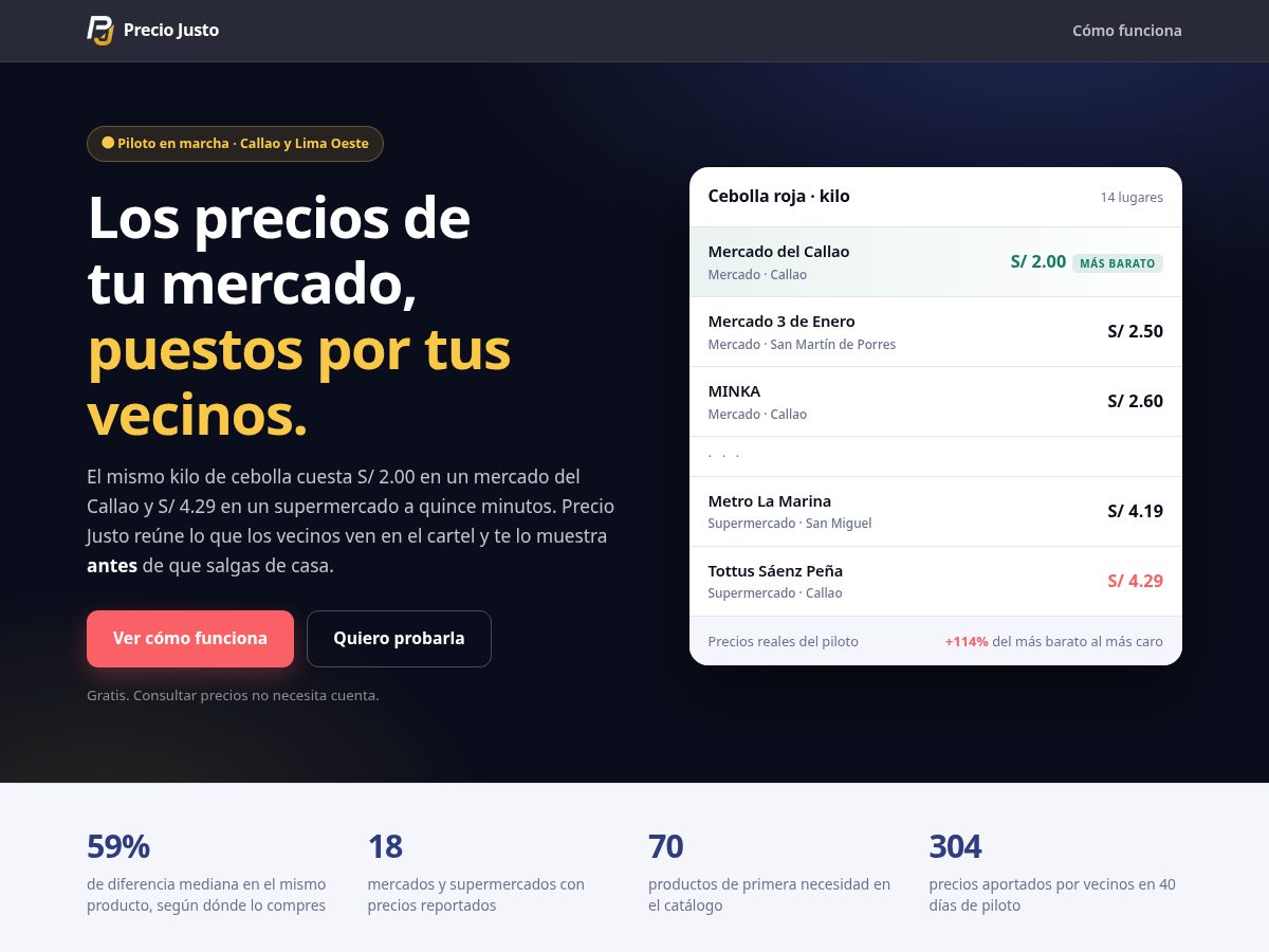 Landing-page snapshot of preciojustoapp.com