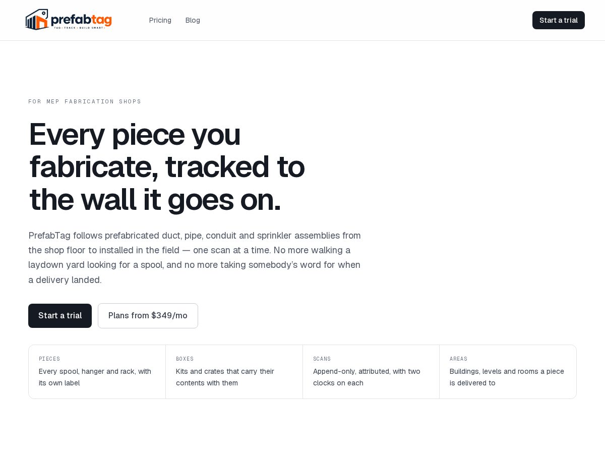 Landing-page snapshot of prefabtag.com