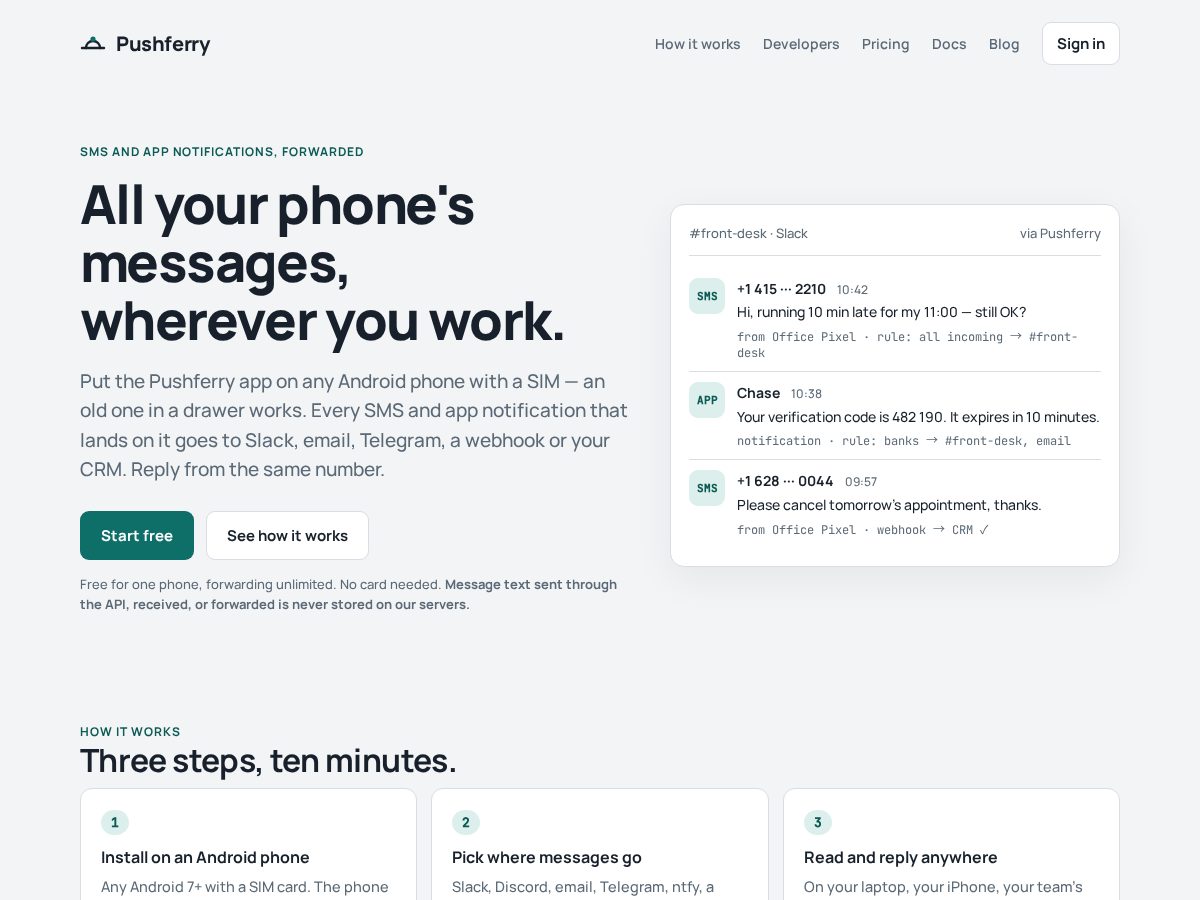 Landing-page snapshot of pushferry.com