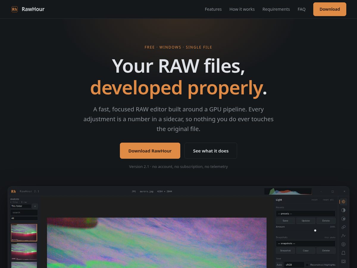 Landing-page snapshot of rawhour.com