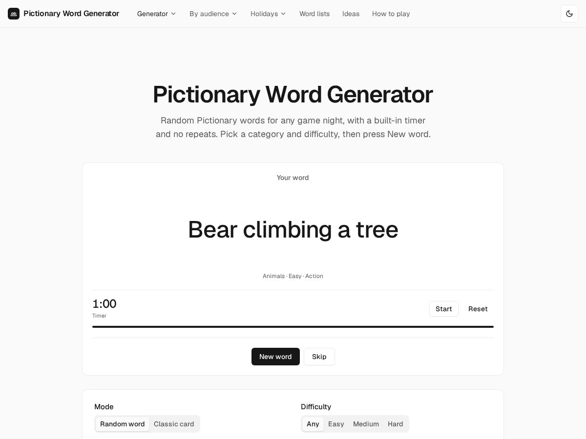 Landing-page snapshot of realpictionarywordgenerator.com
