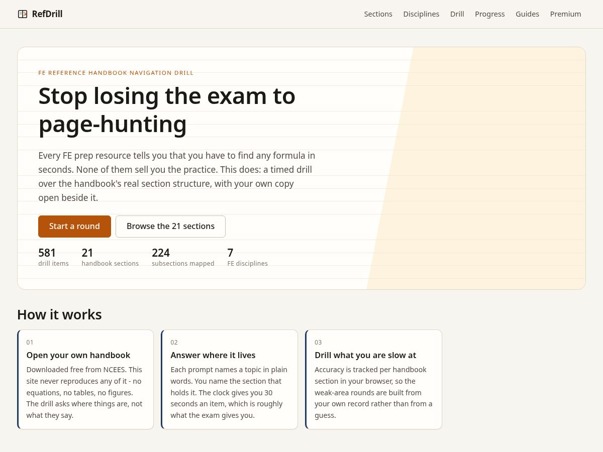 Landing-page snapshot of refdrill.app