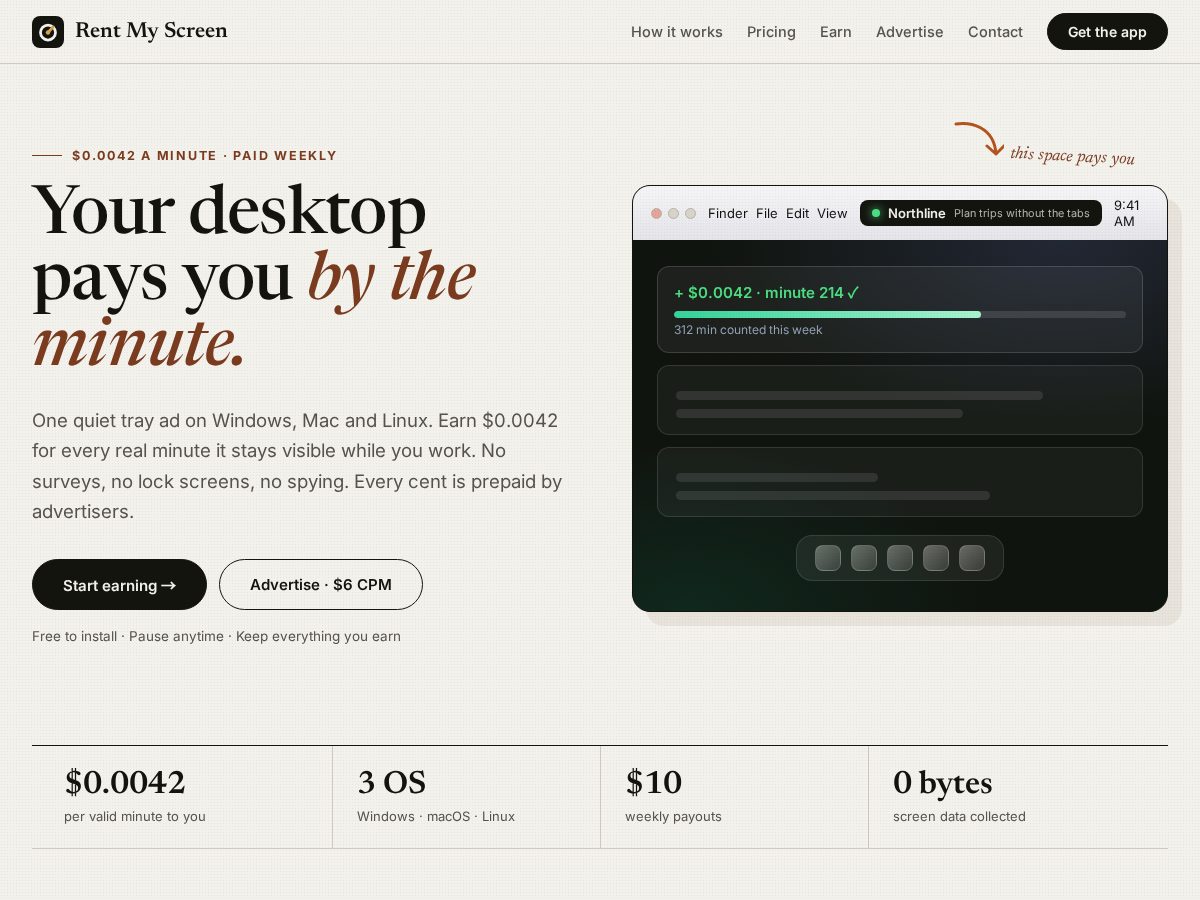Landing-page snapshot of rentmyscreen.xyz