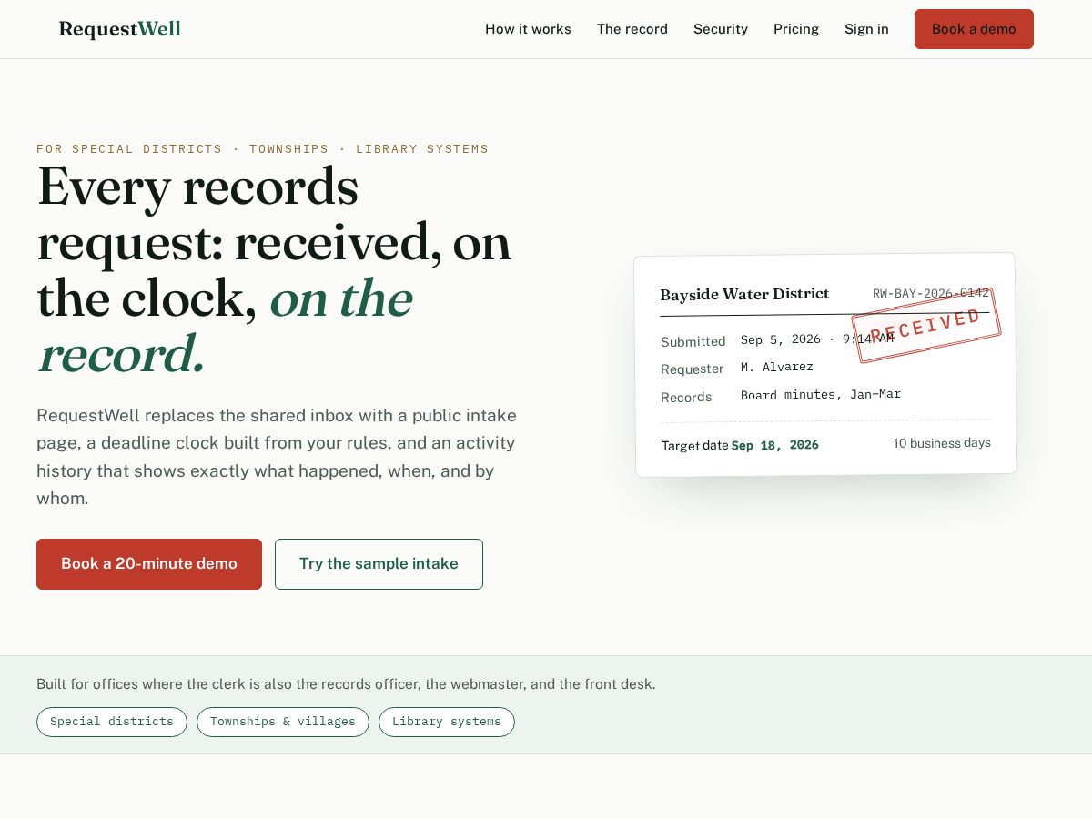 Landing-page snapshot of requestwell.com