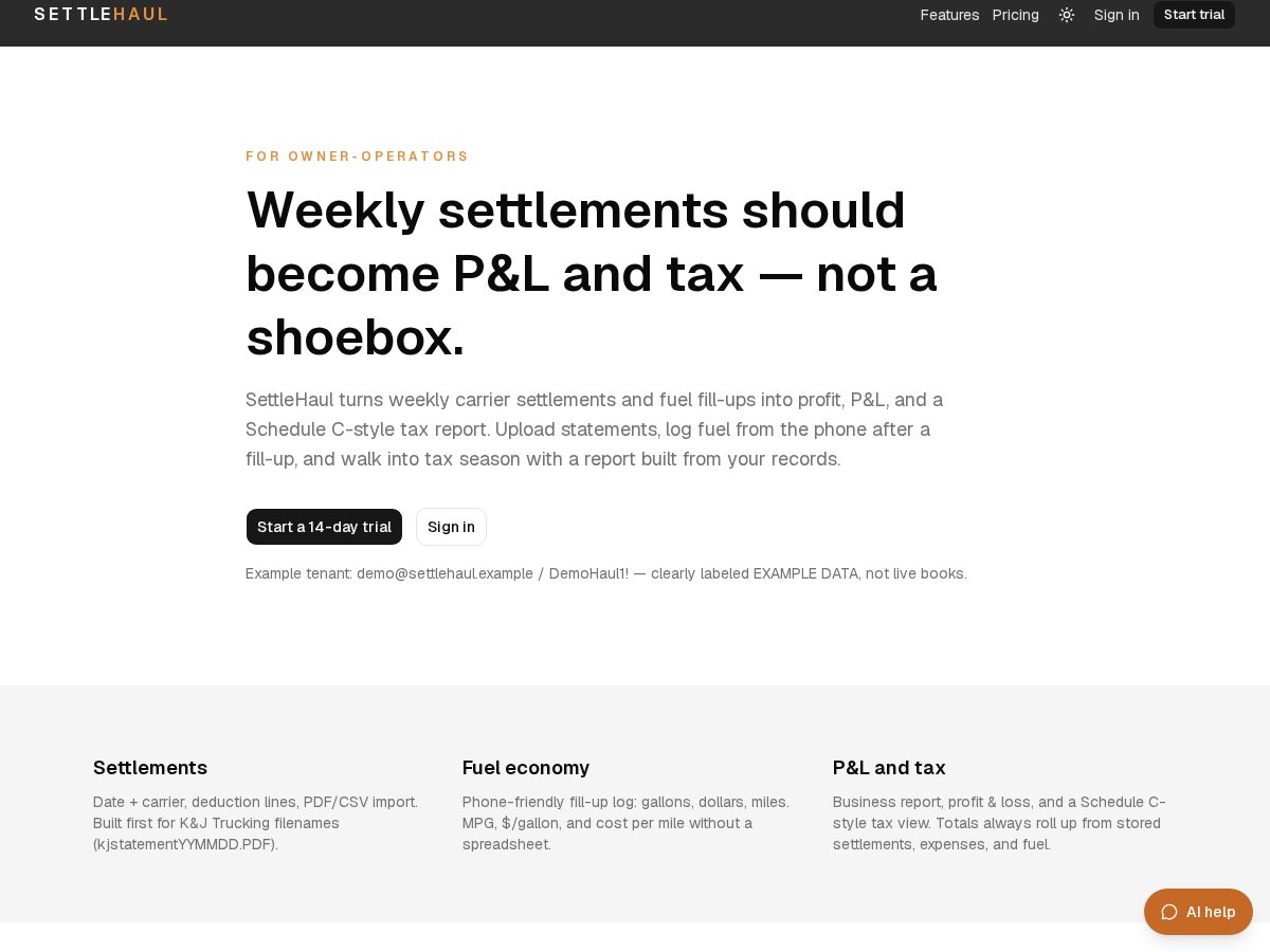 Landing-page snapshot of settlehaul.com
