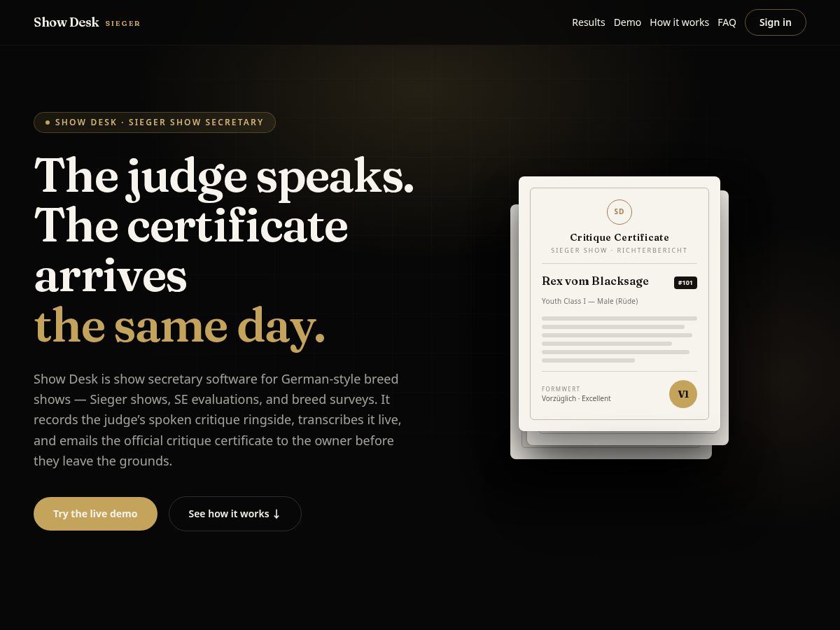 Landing-page snapshot of showdesk-app.com