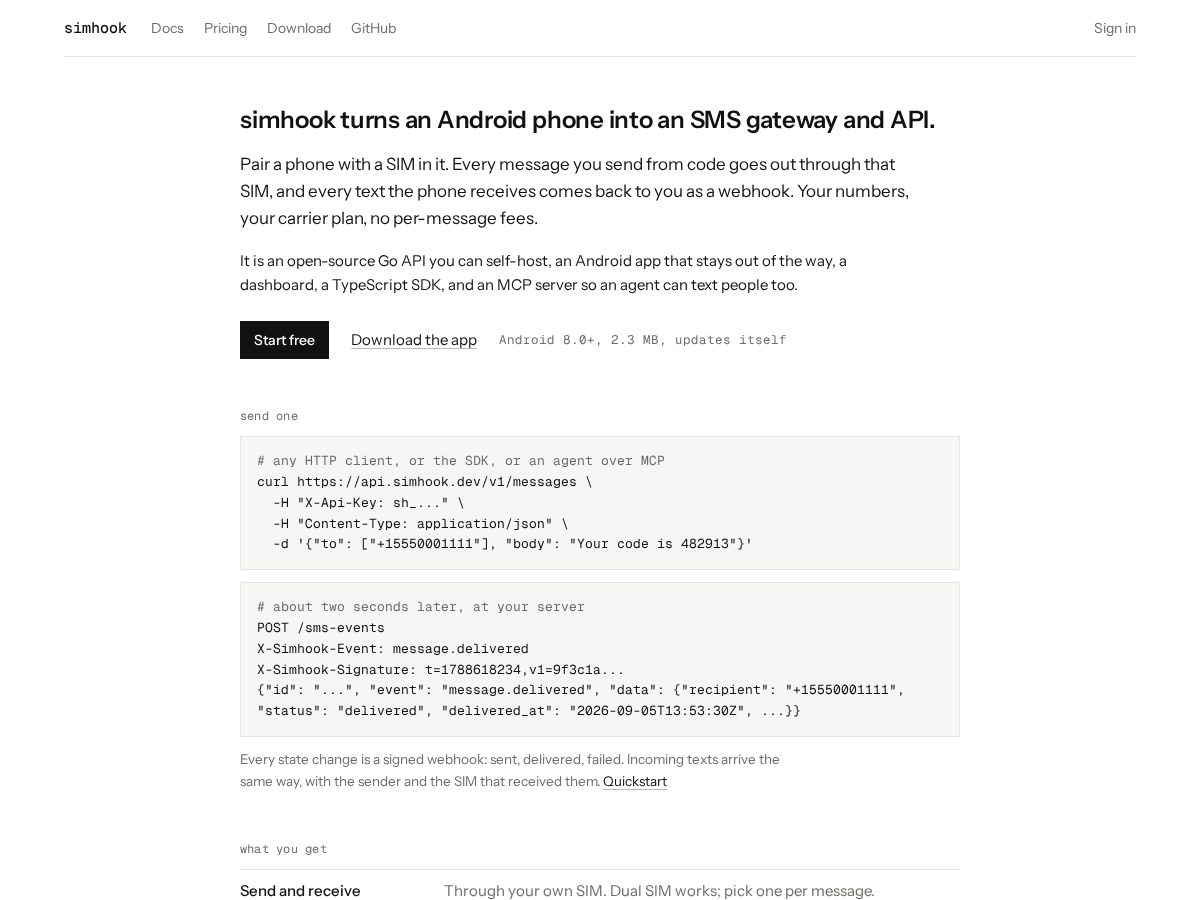 Landing-page snapshot of simhook.dev