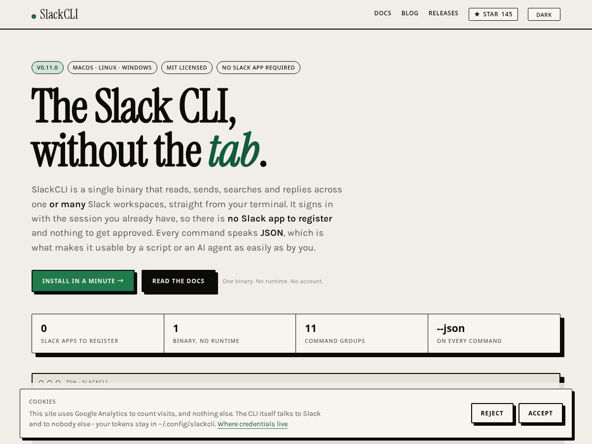 Landing-page snapshot of slackcli.dev