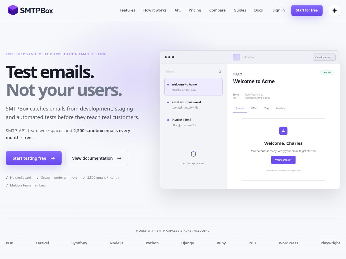 Landing-page snapshot of smtpbox.dev