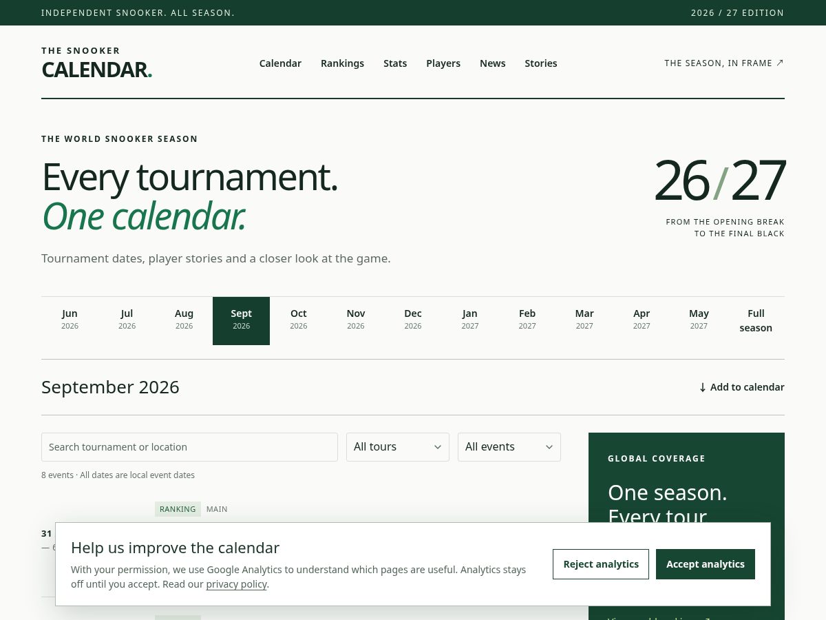 Landing-page snapshot of snookercalendar.com