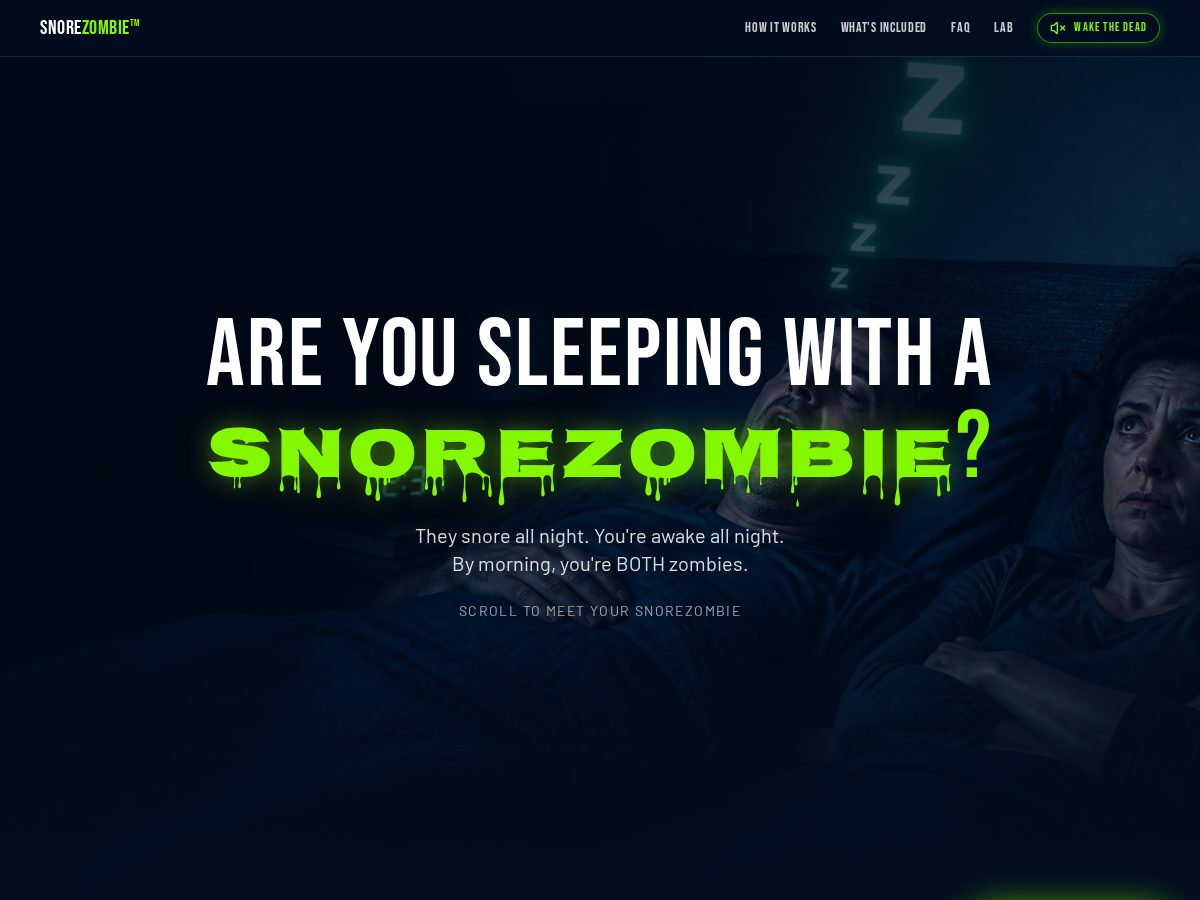 Landing-page snapshot of snorezombie.com