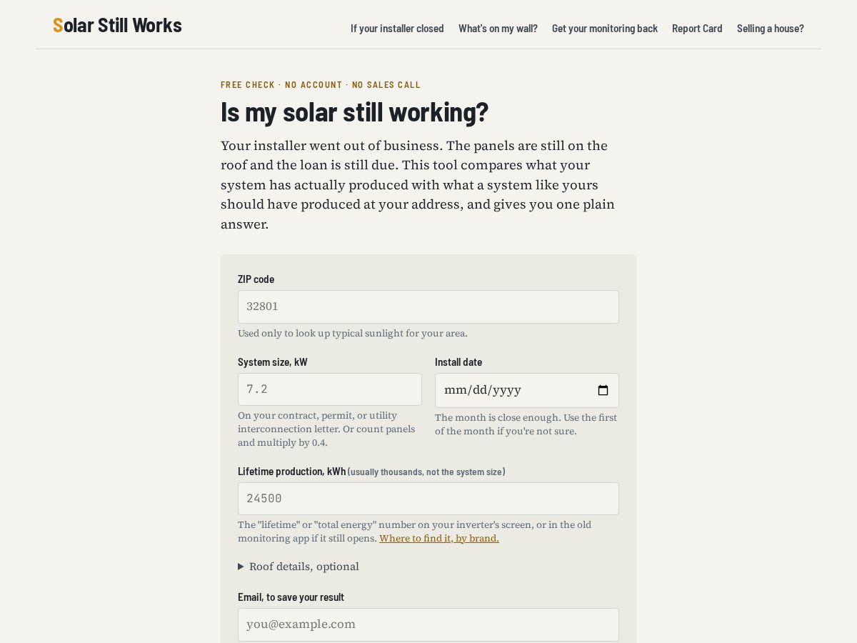 Landing-page snapshot of solarstillworks.com