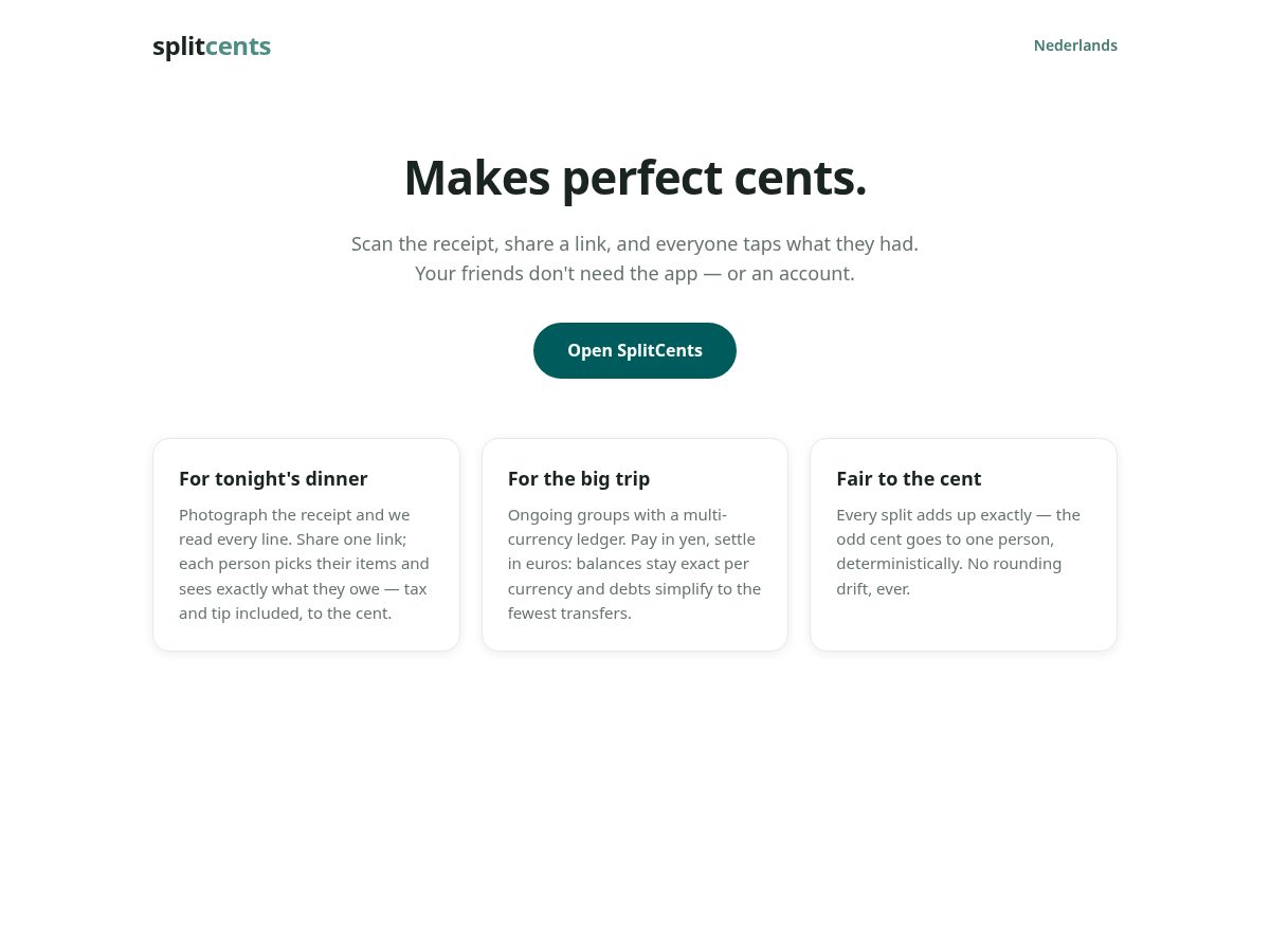 Landing-page snapshot of splitcents.app