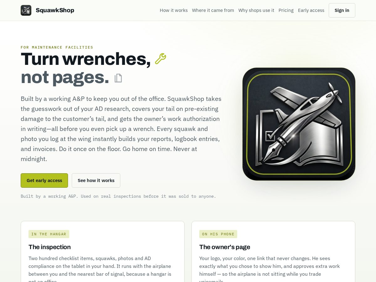 Landing-page snapshot of squawkshop.aero
