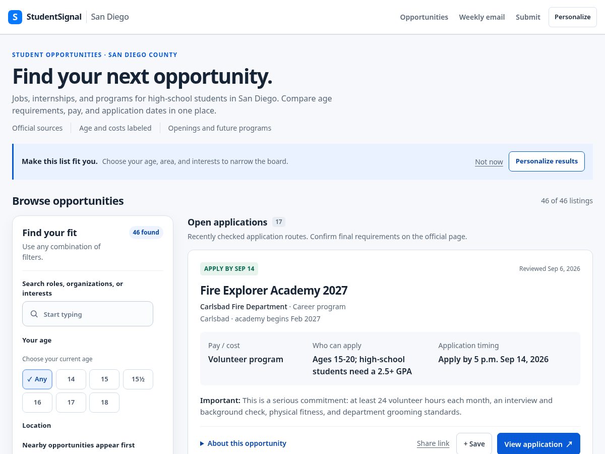 Landing-page snapshot of studentsignal.org