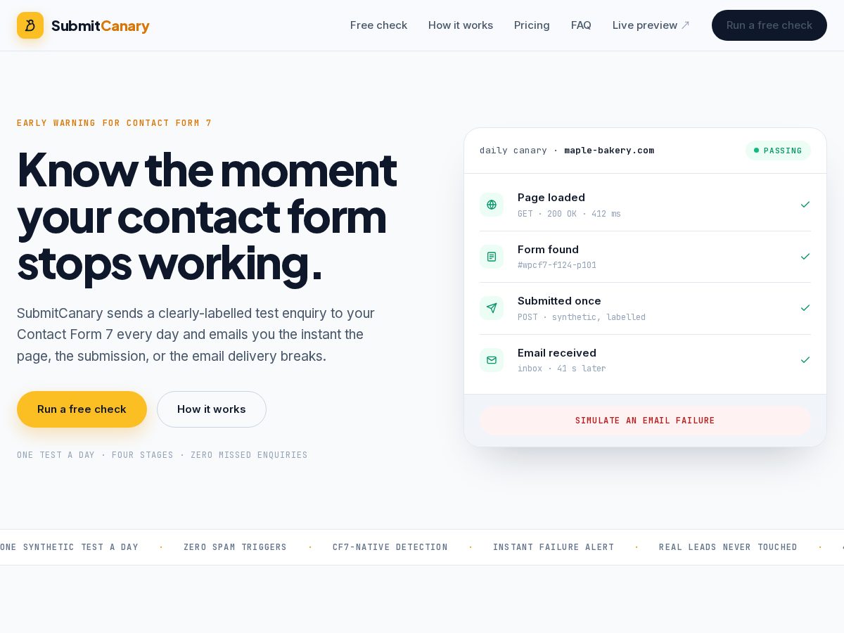 Landing-page snapshot of submitcanary.com