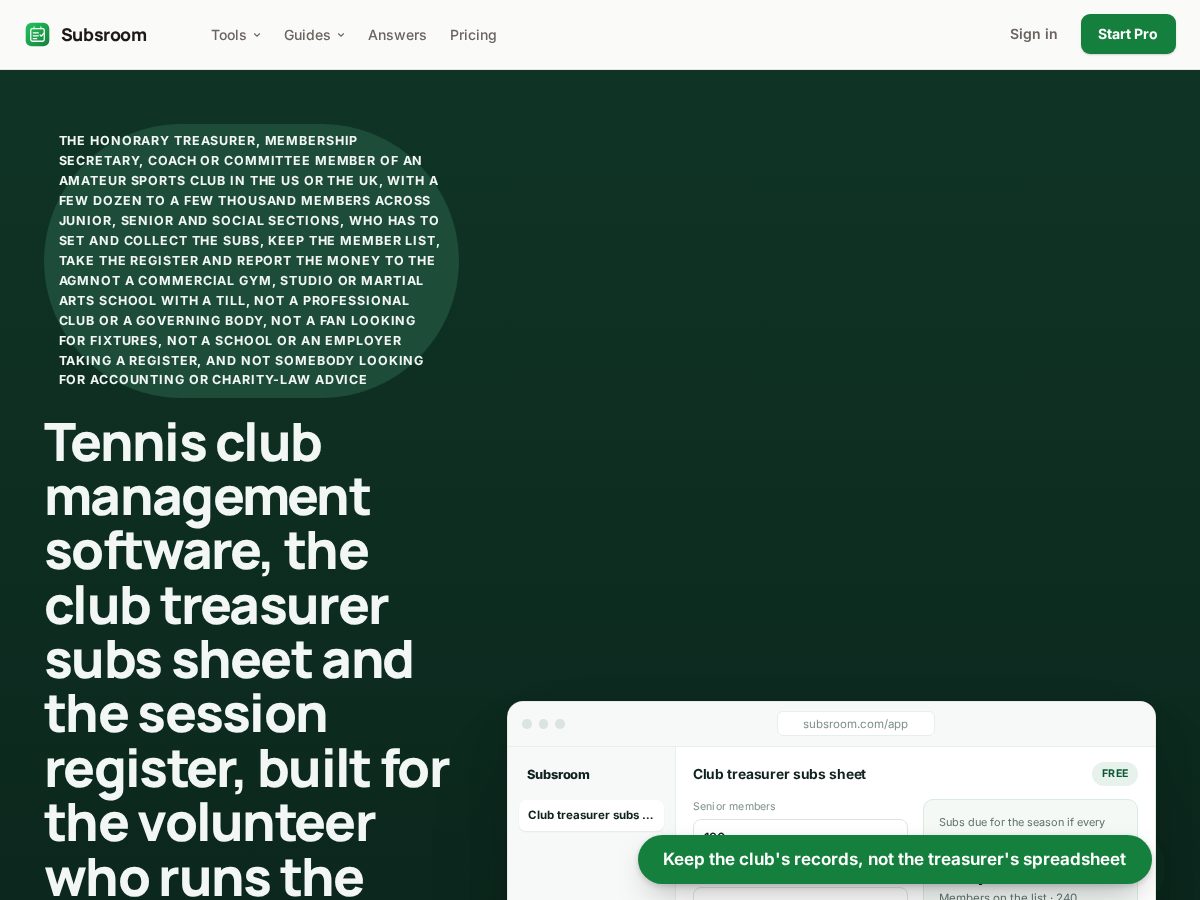 Landing-page snapshot of subsroom.com