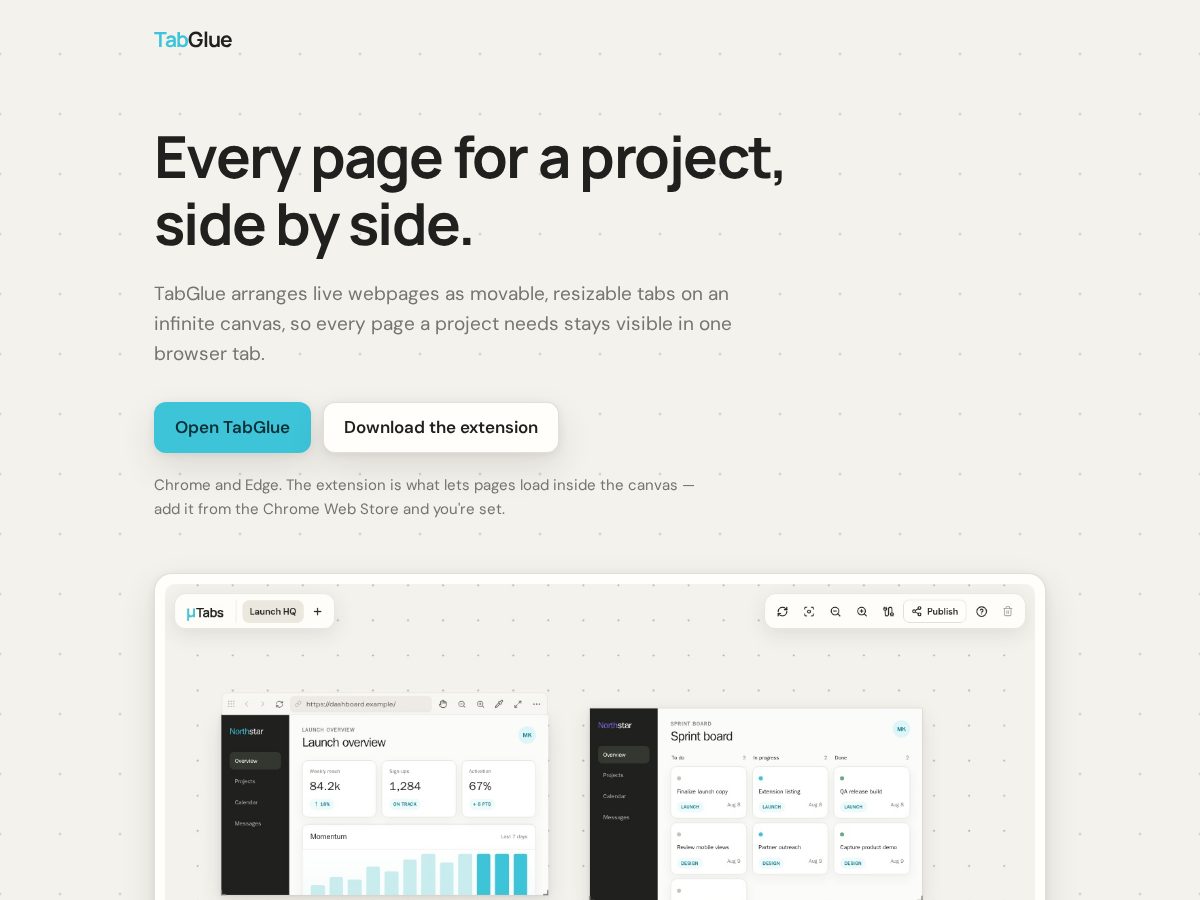 Landing-page snapshot of tabglue.com