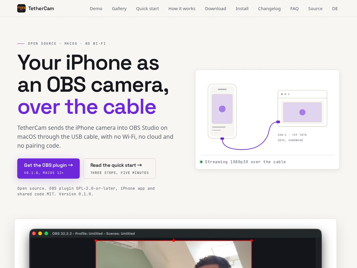 Landing-page snapshot of tethercam.app