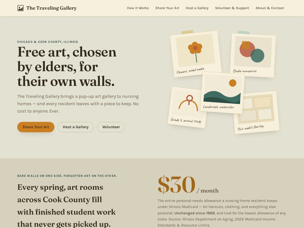 Landing-page snapshot of thetravelinggallery.org