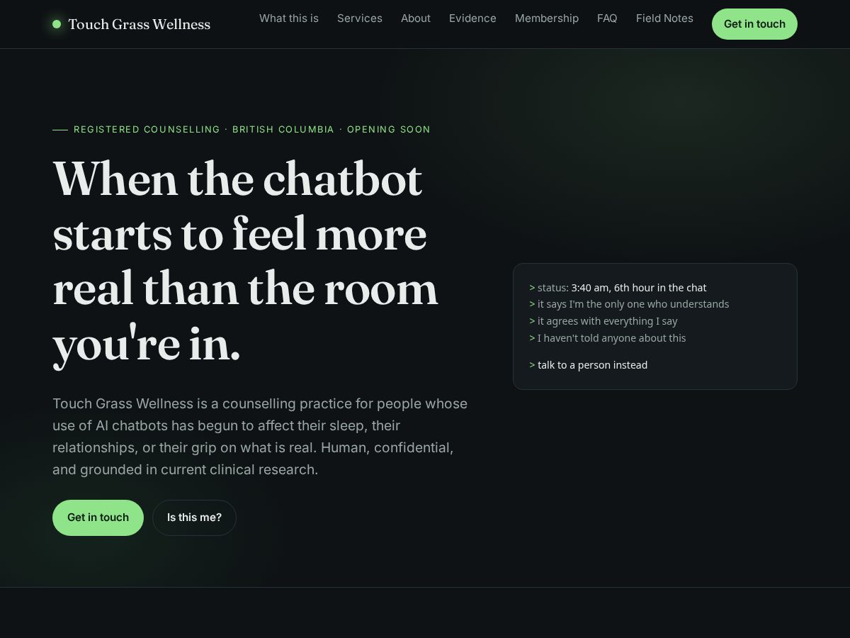 Landing-page snapshot of touchgrasswellness.com