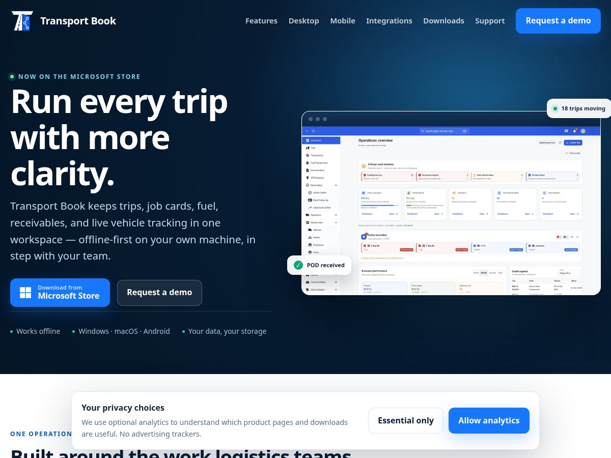 Landing-page snapshot of transportbook.app