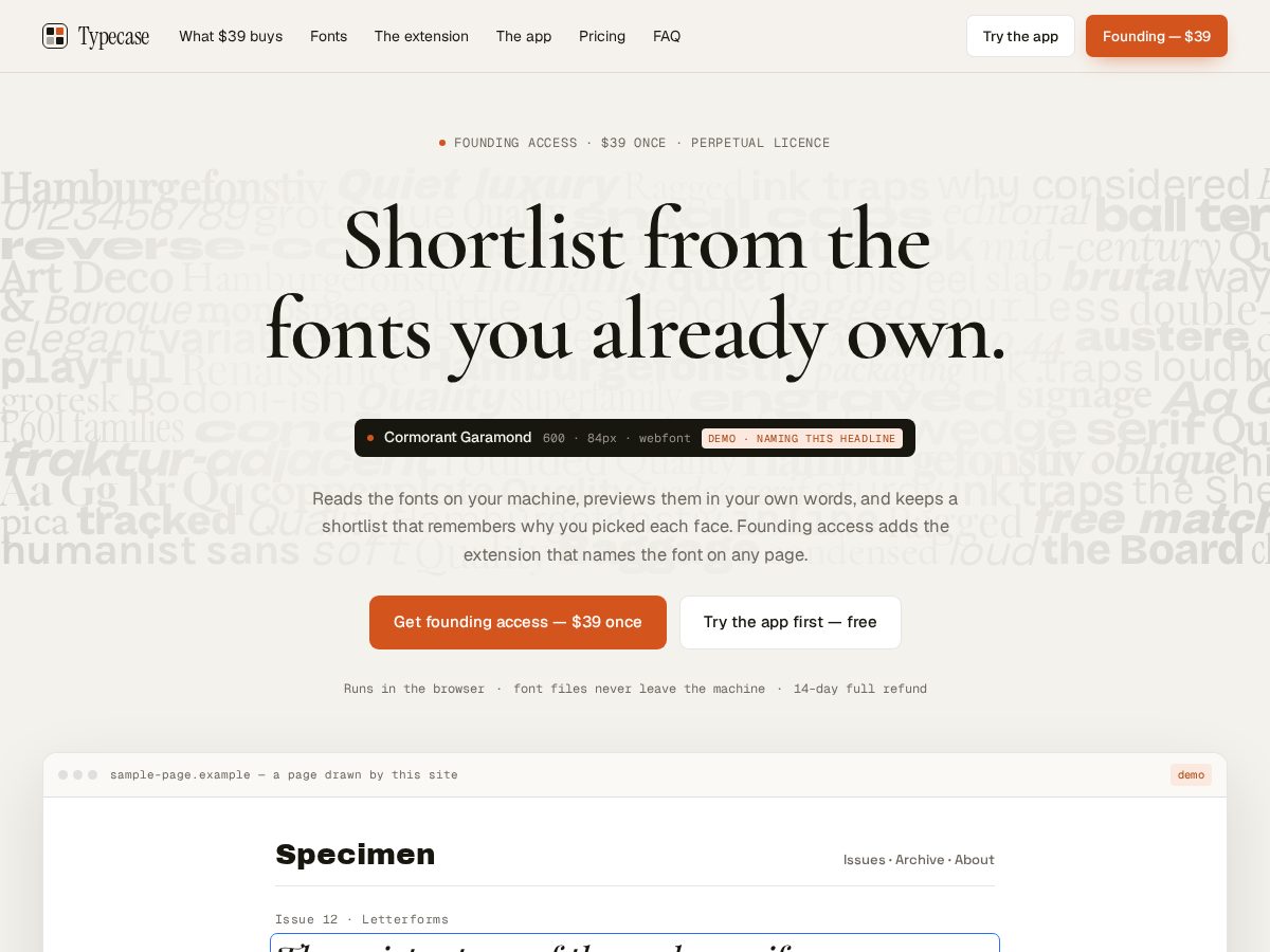 Landing-page snapshot of typecase.dev