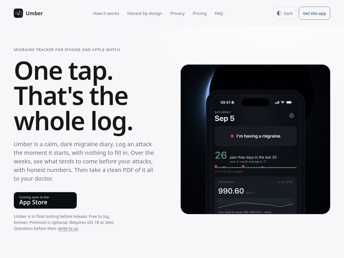 Landing-page snapshot of umbermigraine.com