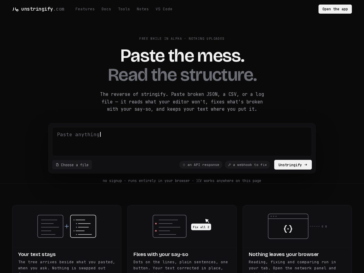 Landing-page snapshot of unstringify.com