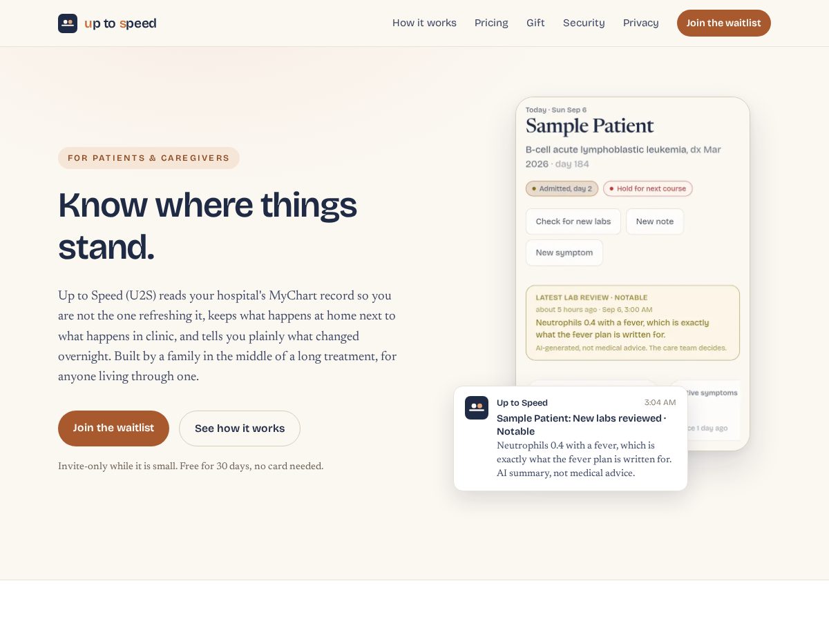 Landing-page snapshot of uptospeed.health