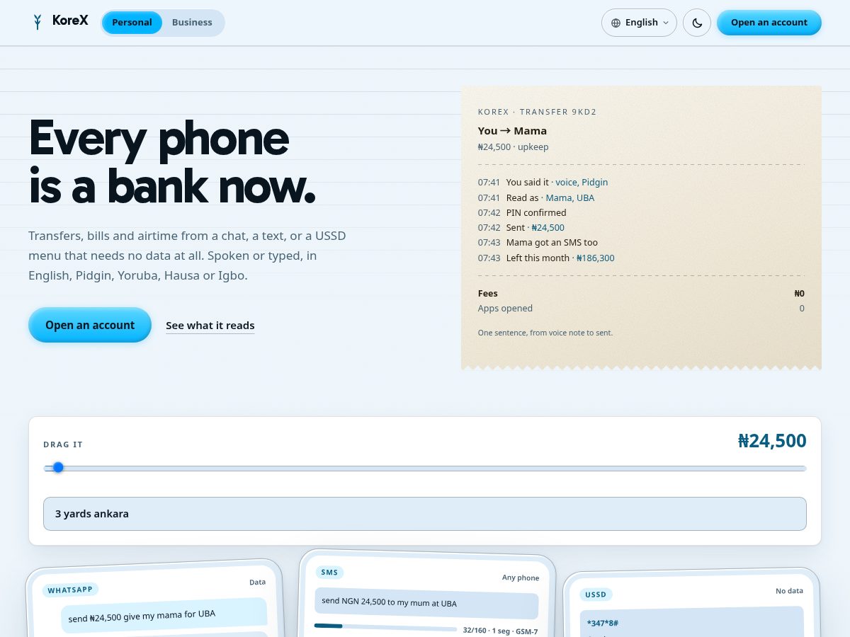 Landing-page snapshot of usekorex.app