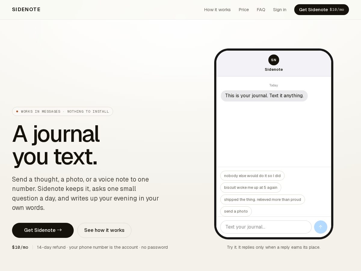 Landing-page snapshot of usesidenote.app