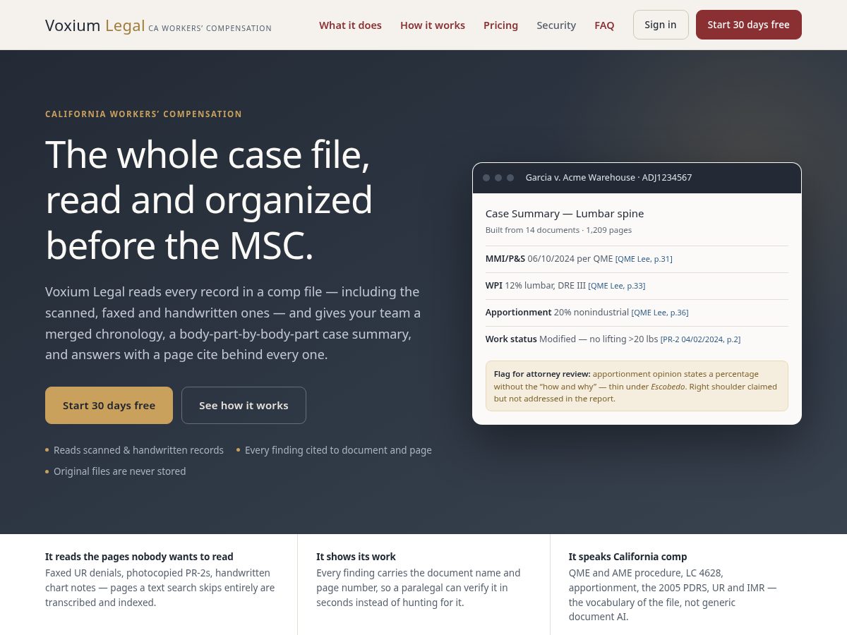 Landing-page snapshot of voxiumlegal.com