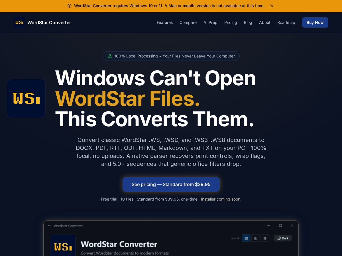 Landing-page snapshot of wordstarconverter.com