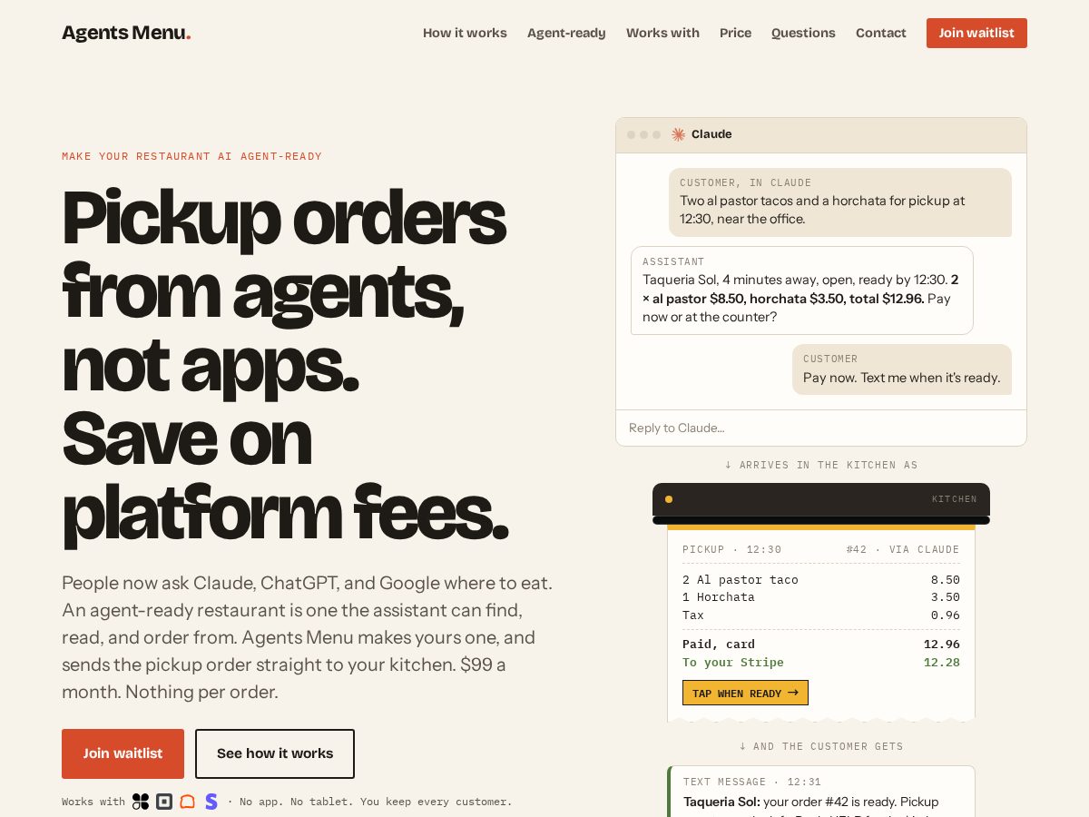 Landing-page snapshot of agentsmenu.com