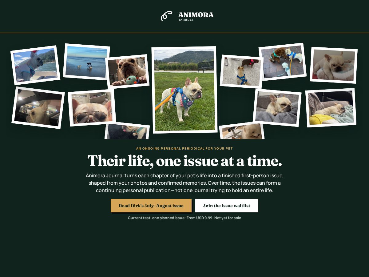 Landing-page snapshot of animorajournal.com