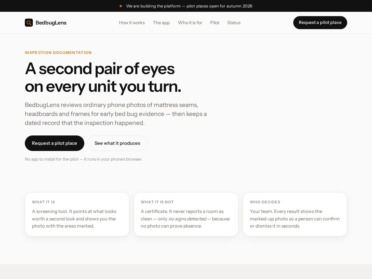Landing-page snapshot of bedbuglens.com