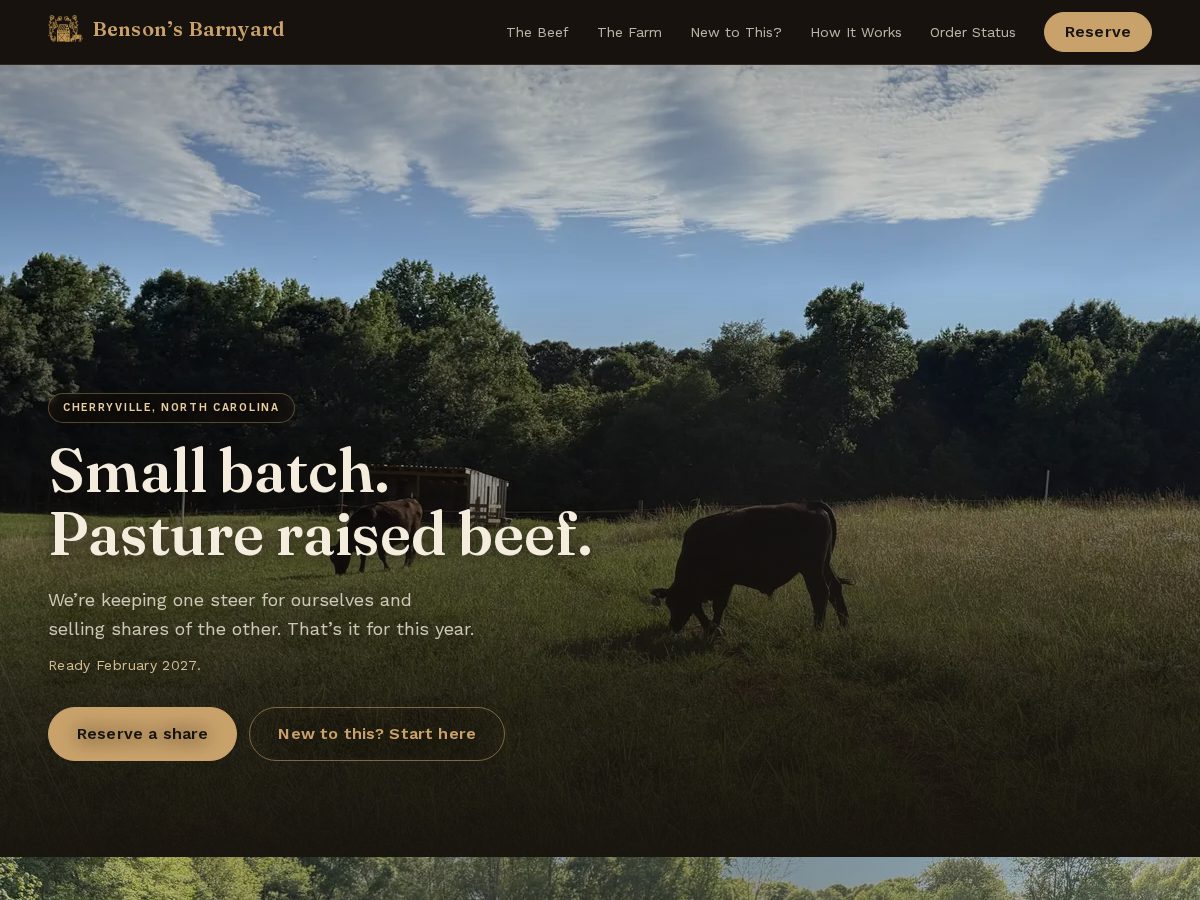 Landing-page snapshot of bensonsbarnyard.com