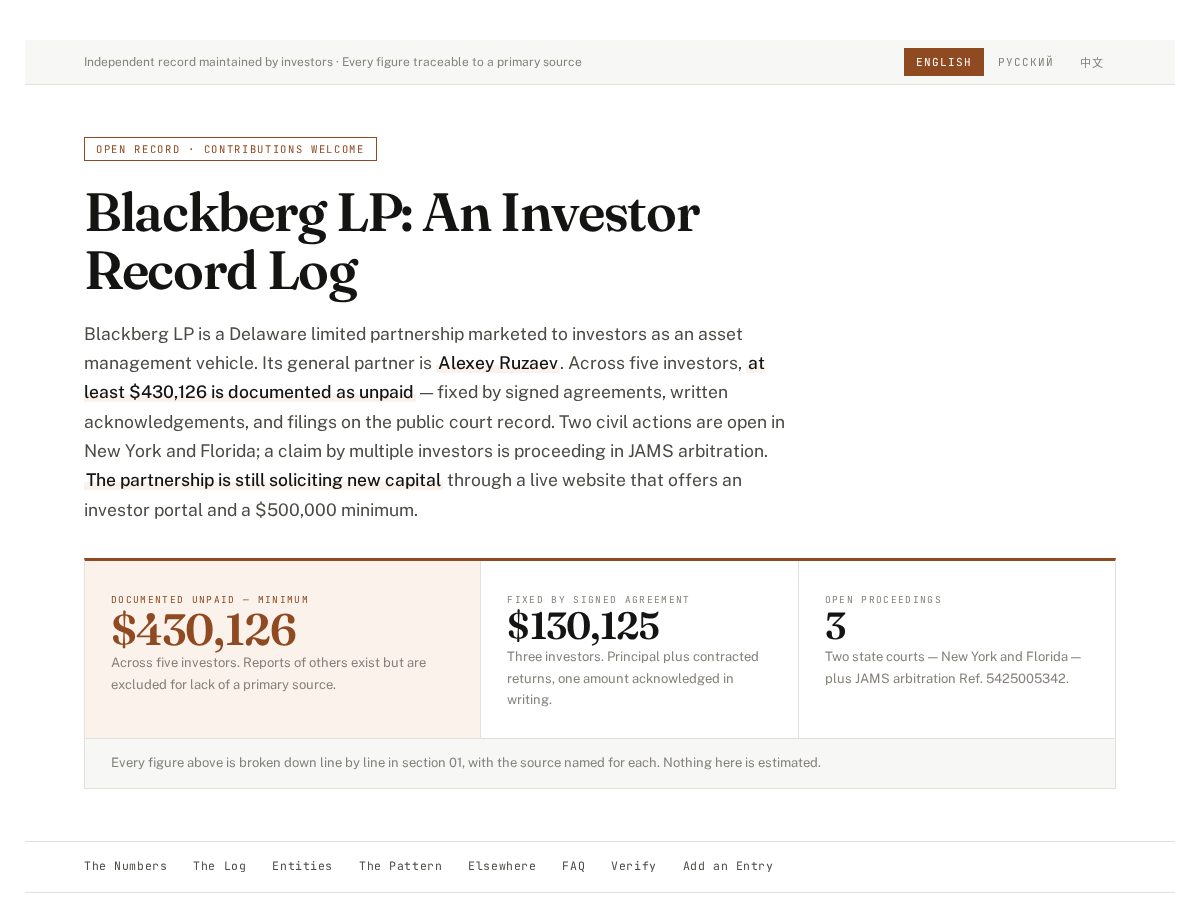 Landing-page snapshot of blackberg-investors.com
