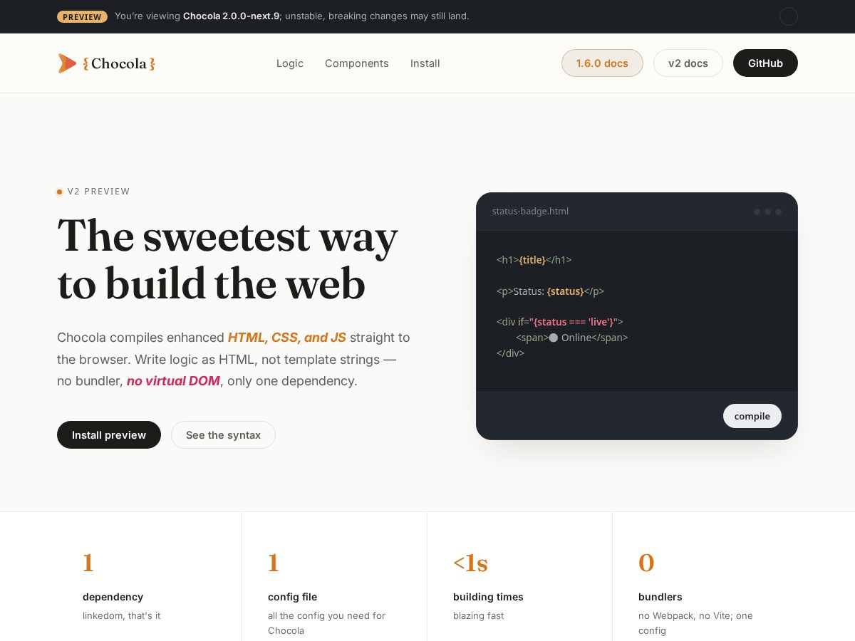 Landing-page snapshot of chocolajs.dev