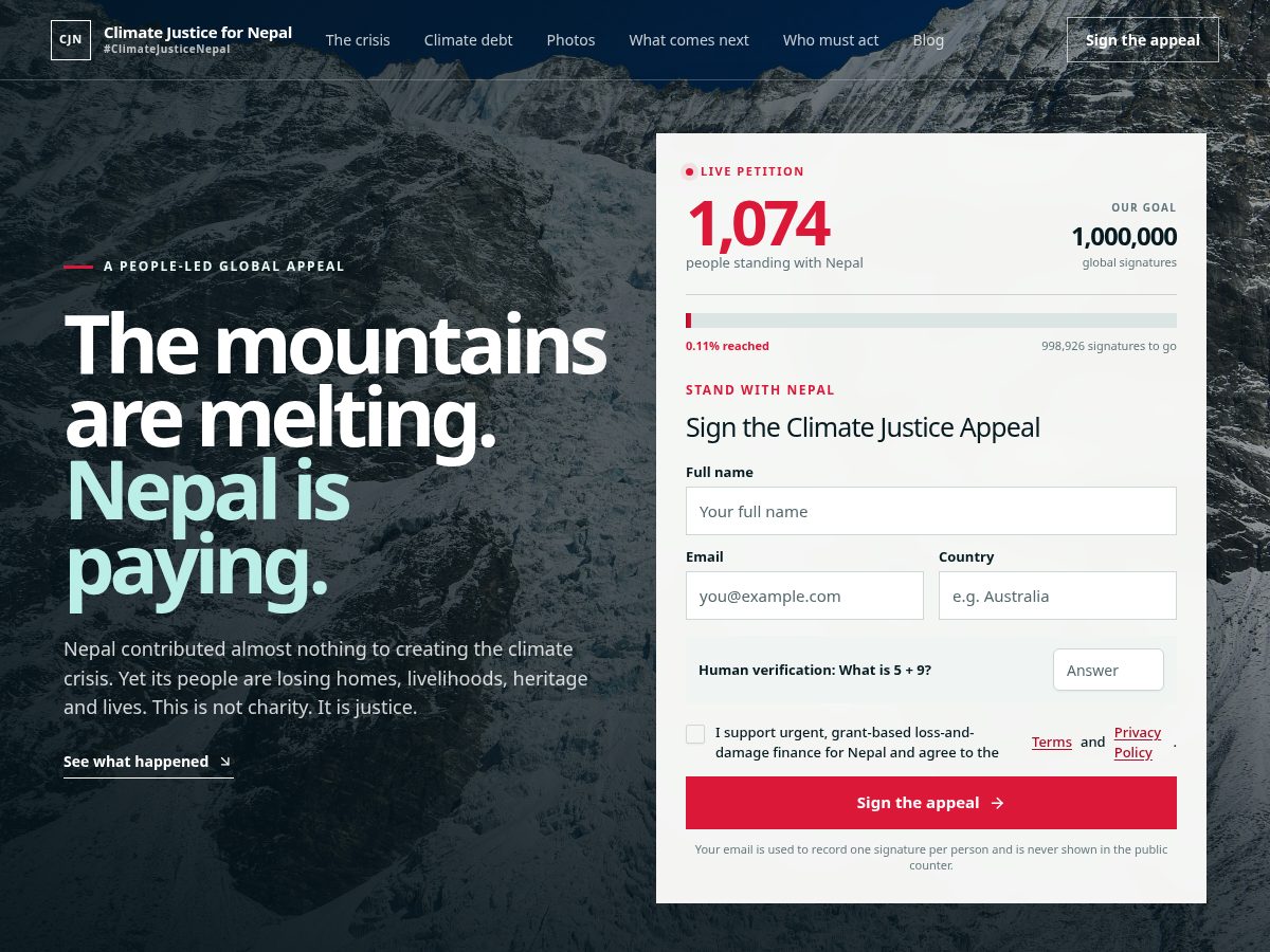 Landing-page snapshot of climatejusticenepal.org