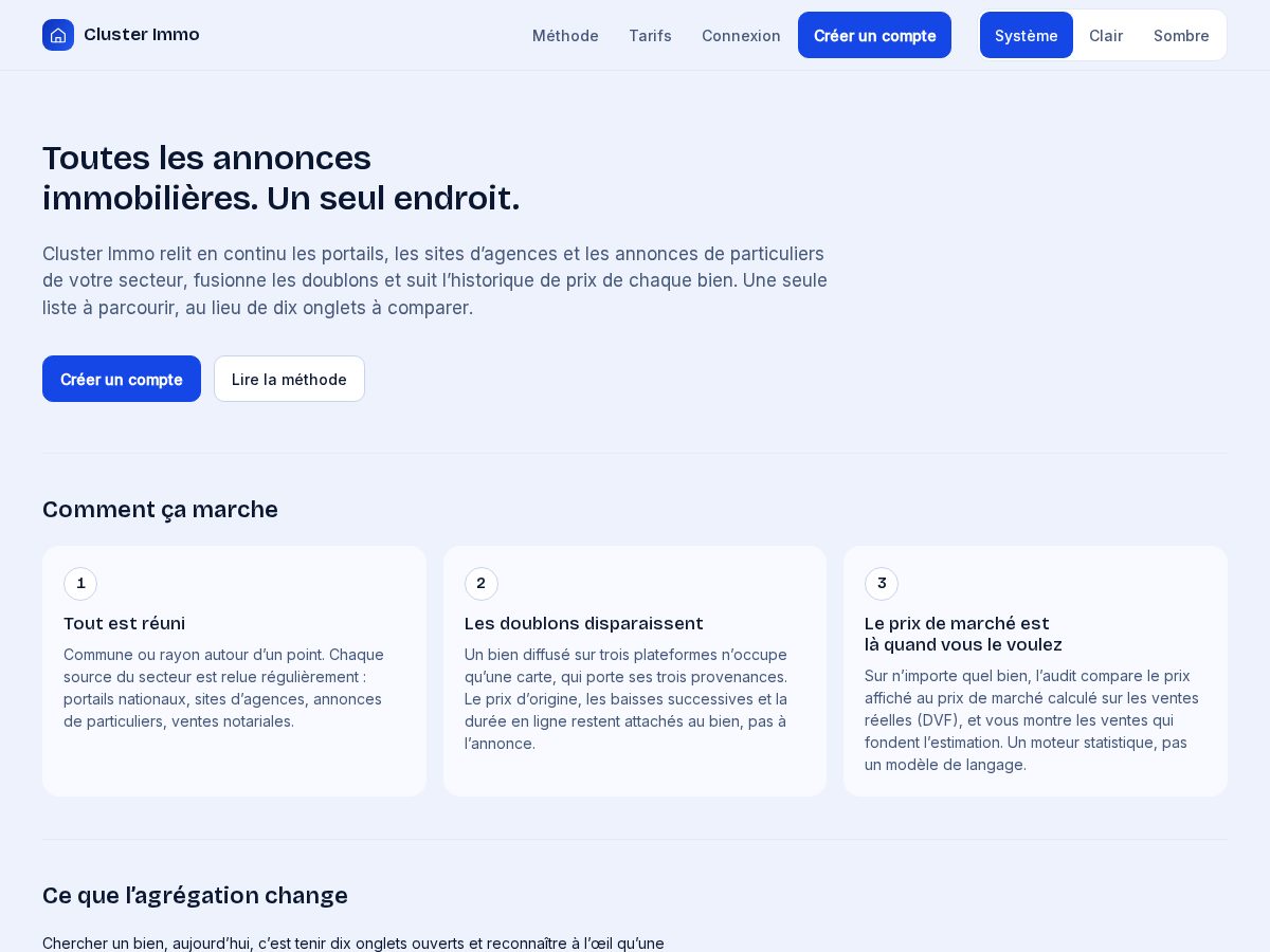 Landing-page snapshot of cluster.immo