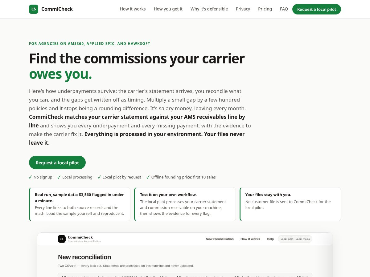 Landing-page snapshot of commicheck.com