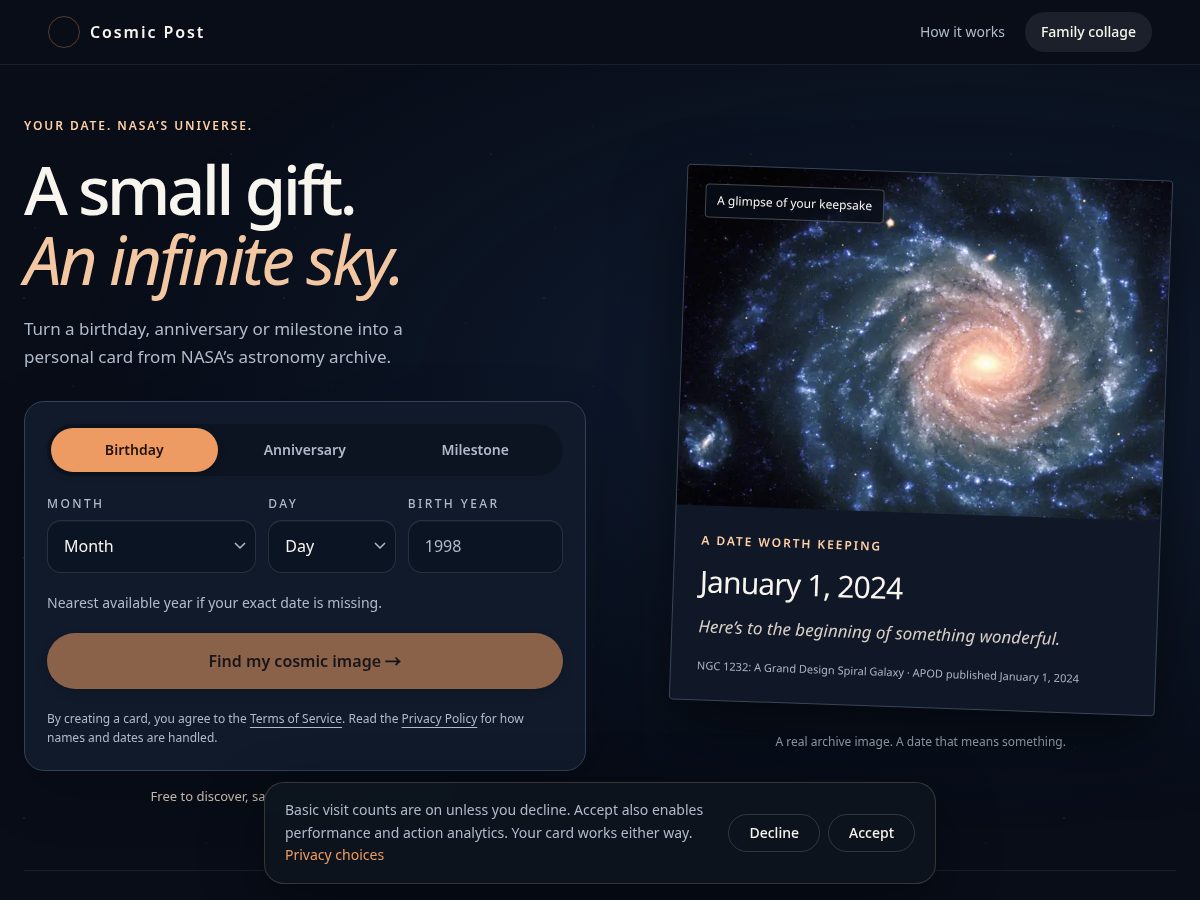 Landing-page snapshot of cosmicpost.lol